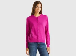Fuchsia cyclamen crew neck cardigan in pure Merino wool