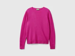 Fuchsia cyclamen crew neck sweater in pure Merino wool