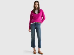 Fuchsia cyclamen V-neck sweater in pure Merino wool