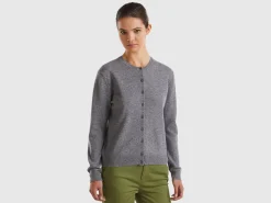 Gray crew neck cardigan in pure Merino wool