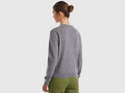 Gray crew neck cardigan in pure Merino wool