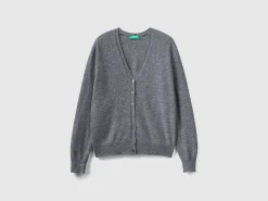 Gray V-neck cardigan in pure Merino wool