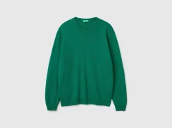 Green crew neck sweater in pure Merino wool
