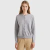 Light gray crew neck cardigan in pure Merino wool