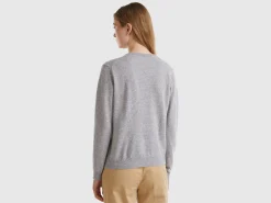 Light gray crew neck cardigan in pure Merino wool