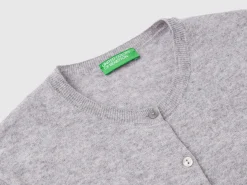 Light gray crew neck cardigan in pure Merino wool