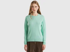 Light teal crew neck sweater in pure Merino wool