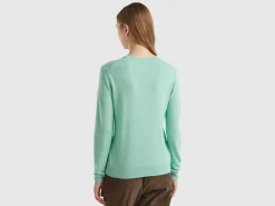 Light teal crew neck sweater in pure Merino wool