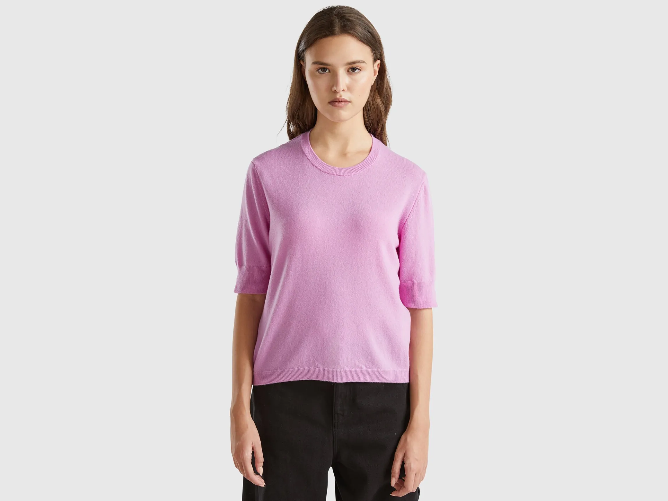 Lilac short sleeve sweater in pure Merino wool
