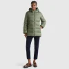 Long puffer jacket with recycled down