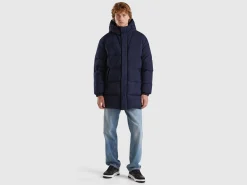 Long puffer jacket with recycled feathers