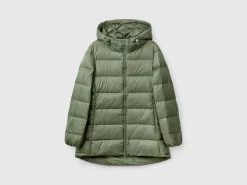 Long puffer jacket with recycled down
