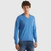 Marl blue V-neck sweater in pure Merino Wool