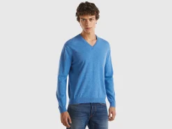 Marl blue V-neck sweater in pure Merino Wool