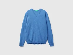 Marl blue V-neck sweater in pure Merino Wool
