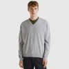 Marl gray V-neck sweater in pure Merino wool