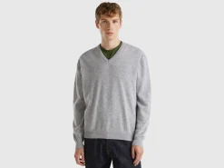 Marl gray V-neck sweater in pure Merino wool