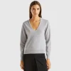 Marl gray V-neck sweater in pure Merino wool