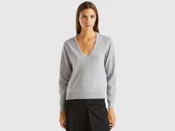 Marl gray V-neck sweater in pure Merino wool