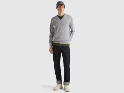Marl gray V-neck sweater in pure Merino wool