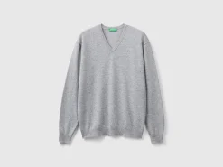 Marl gray V-neck sweater in pure Merino wool