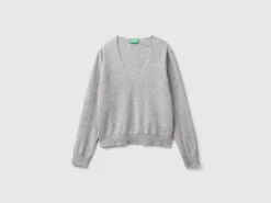 Marl gray V-neck sweater in pure Merino wool