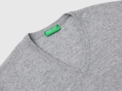 Marl gray V-neck sweater in pure Merino wool