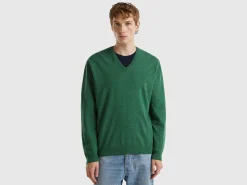 Marl green V-neck sweater in pure Merino wool