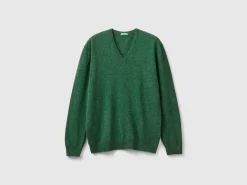 Marl green V-neck sweater in pure Merino wool