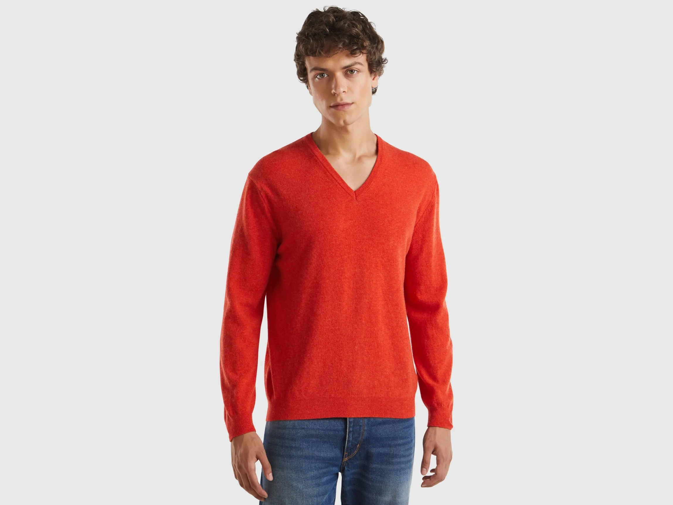 Marl orange V-neck sweater in pure Merino wool