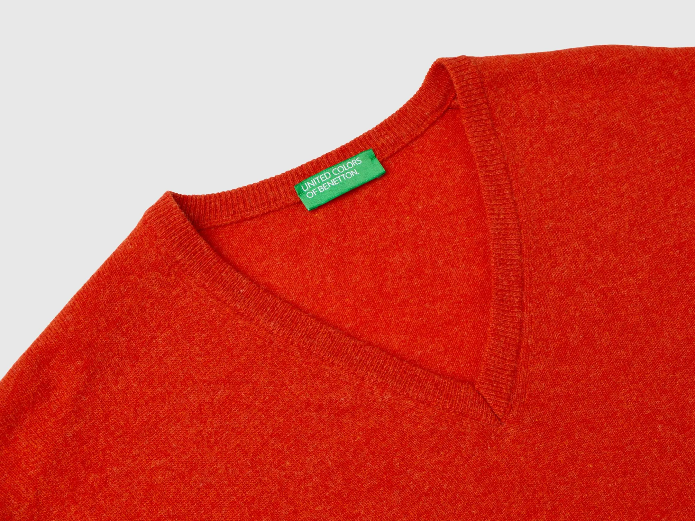 Marl orange V-neck sweater in pure Merino wool