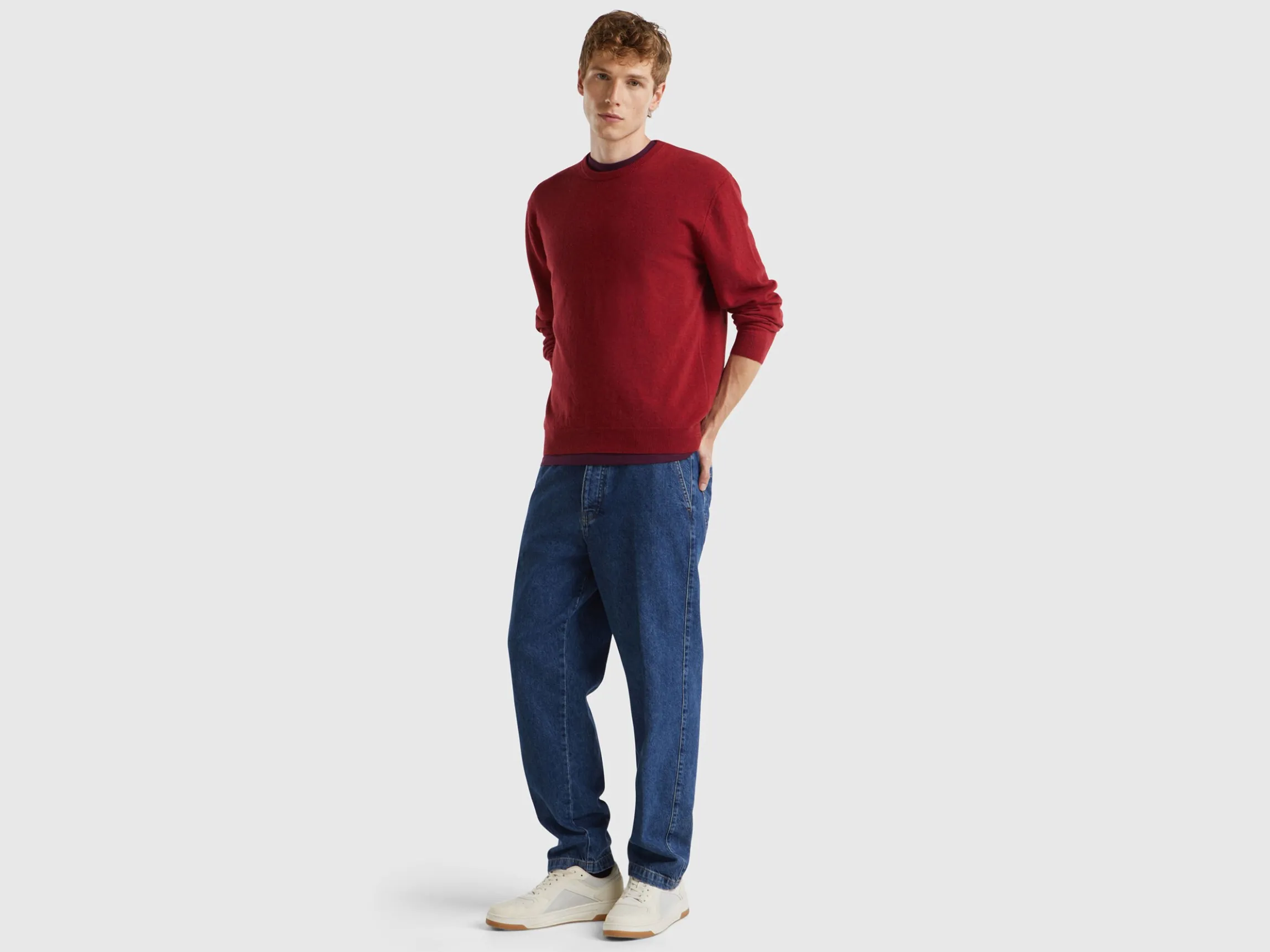 Marl red crew neck sweater in pure Merino wool