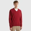 Marl red V-neck sweater in pure Merino wool