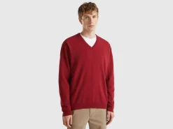 Marl red V-neck sweater in pure Merino wool