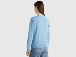 Marl sky blue V-neck sweater in pure Merino wool