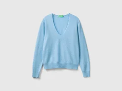 Marl sky blue V-neck sweater in pure Merino wool