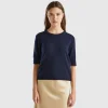 Midnight blue short sleeve sweater in pure Merino wool