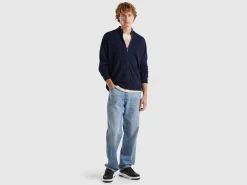 Midnight blue zip-up cardigan in pure Merino wool