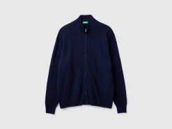 Midnight blue zip-up cardigan in pure Merino wool