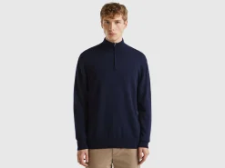 Midnight blue zip-up sweater in 100% Merino wool