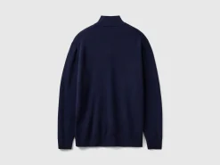 Midnight blue zip-up sweater in 100% Merino wool
