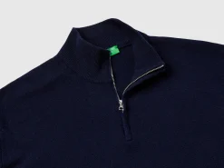 Midnight blue zip-up sweater in 100% Merino wool