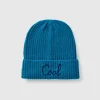 Neon light blue beanie with embroidery
