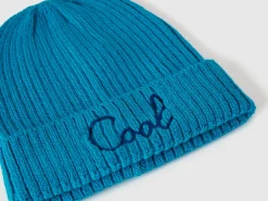 Neon light blue beanie with embroidery