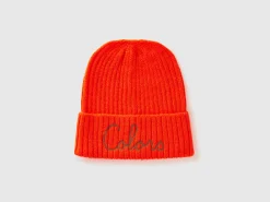 Neon orange beanie with embroidery