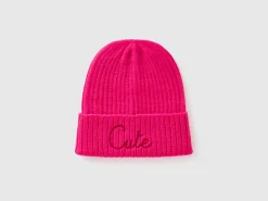 Neon pink beanie with embroidery