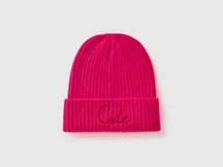 Neon pink beanie with embroidery