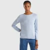 Ocean blue crew neck sweater in wool and cashmere blend