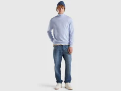 Ocean blue turtleneck in pure Merino wool