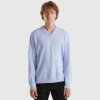 Ocean blue V-neck sweater pure Merino wool